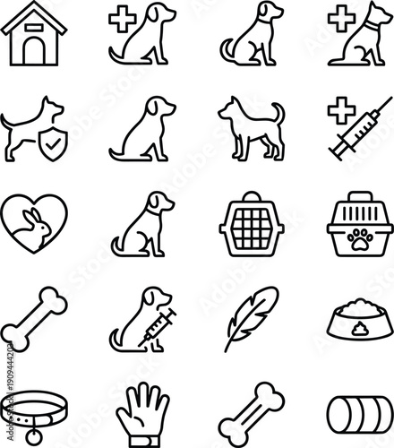 Pet care and veterinary line icons set featuring dog shelter health grooming accessories training outline vector illustration