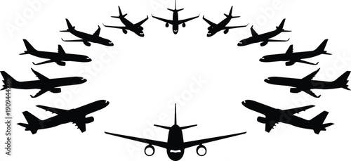 Black silhouettes of commercial airplanes in various flight angles including front view and top down view isolated on white background
