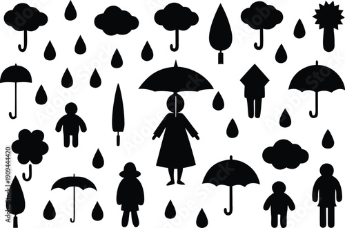 Silhouettes of people with umbrellas and raindrops isolated on transparent background, Vector, illustration