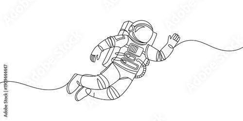Continuous line drawing of an astronaut floating in the vastness of outer space with a wavy line.