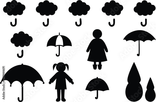 Black silhouettes of people with umbrellas and raindrops isolated on transparent background, Vector, illustration