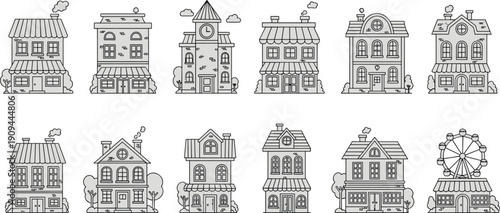 Collection of stylized cartoon houses and buildings with awnings and trees architecture simple