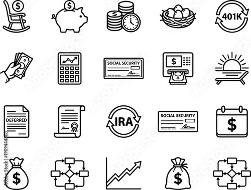 Retirement savings and financial planning line icons set featuring pension IRA 401k investment income security symbols outline vector