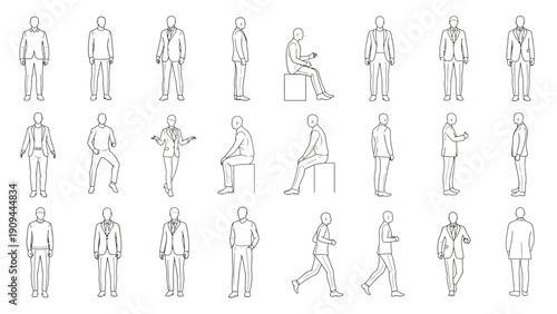 line drawing of people, various poses and outfits