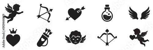 Valentine's Day Cupid and Love Icon Set - Cherub and Romantic Symbol Silhouettes. Cupid icon set. love and valentine's day symbol. Cupid shooting arrow. 