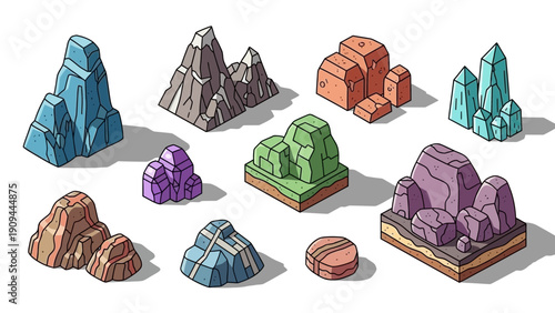isometric rock formations, colorful landscape elements, 3d illustration