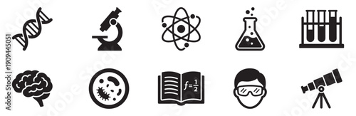 Science laboratory icons on white background. Chemistry icon. Science vector icons set, lab equipment illustration, chemistry icon and research symbol collection. Vector Illustration