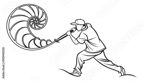 Man swinging a large seashell with a hammer.