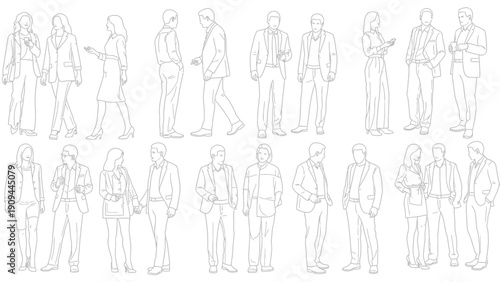 line art people, business attire, various poses, standing, walking, talking