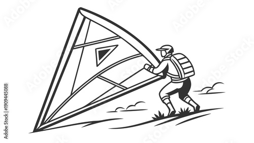 Man windsurfing on a windy day with kite in hand.