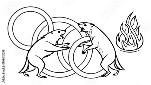 Two cartoon beavers fighting over a wheel with flames.