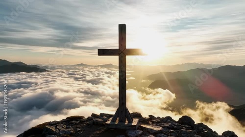 Wooden Cross Glows Above Clouds in Radiant Golden Sunlight