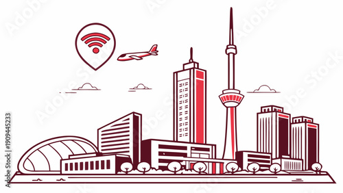 Toronto cityscape with modern buildings and technology symbols.