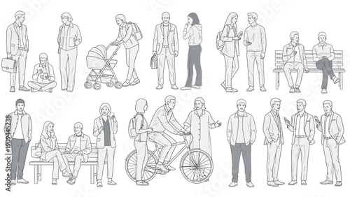 people in the city, urban life, walking, talking, and cycling