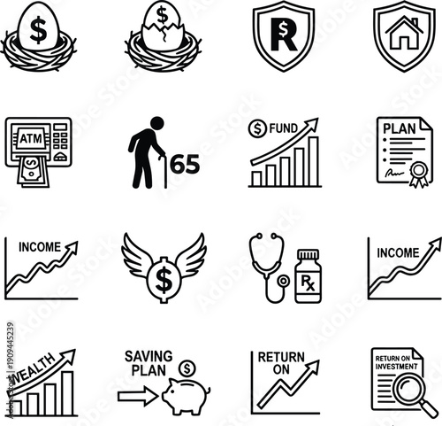 Retirement and investment finance line icons set featuring savings income growth insurance planning security symbols outline vector