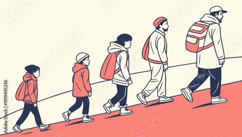 Illustration of people walking in a line with backpacks on a red path.