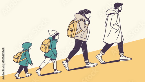 Family of four walking together with backpacks on a journey.