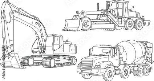 Construction vehicles including excavator bulldozer and cement mixer truck