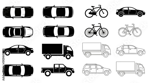 transportation silhouettes set, car, truck, bicycle