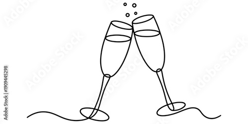 Minimalist single line art illustration of two champagne flutes clinking in a festive toast.