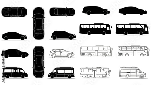 car silhouettes, top view, side view, transport vehicles