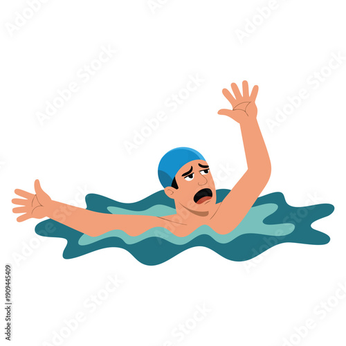 Stressed man wearing swimming hat drowning splashing in water asking for help vector illustration depicting panic struggle emergency and swimming danger concept