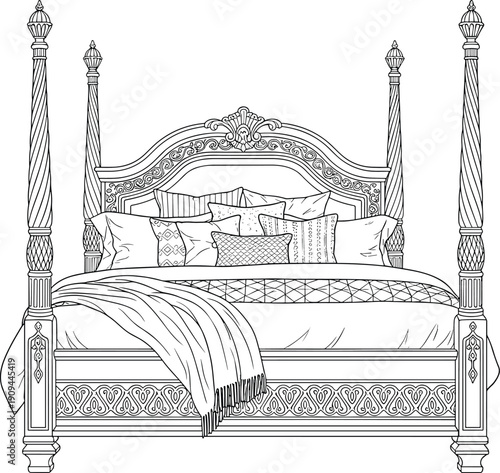 Detailed line of a four poster bed with ornate headboard and decorative pillows bedroom furniture interior