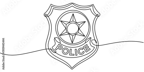 Continuous line drawing of a police badge with a six pointed star and banner