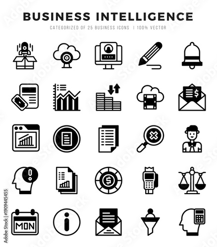 Set of 25 Business Intelligence Lineal Filled Icons Pack.