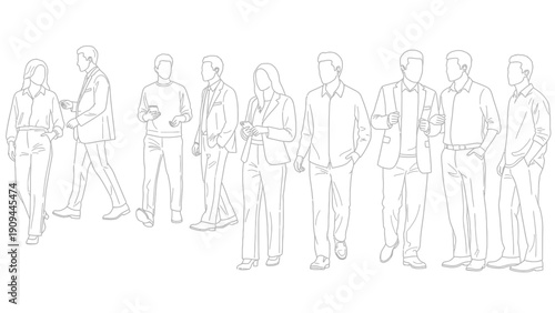line art people walking, business meeting, office workers, diverse group