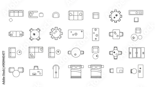 furniture plan top view, interior design elements, overhead perspective