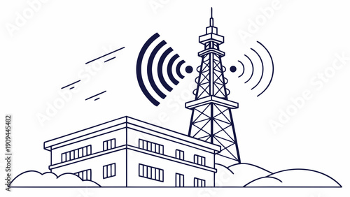 Telecommunication tower with signal waves and building.