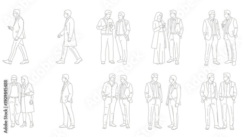 line art people, business attire, walking, talking, standing, social interaction