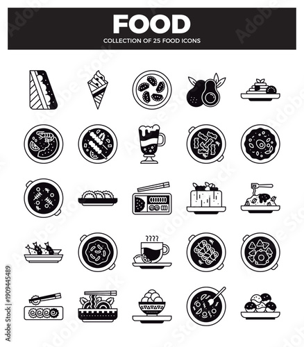 food icons. isolated on white background. with cheese slice. ice cream. avocado. and various dishes