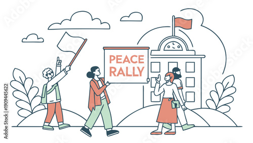 People participating in a peaceful protest march with banners and flags.