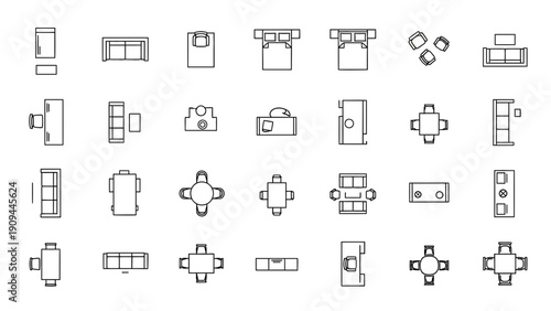 furniture plan icons, top view, interior design elements