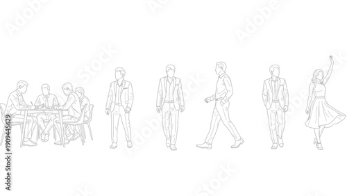business people and woman silhouettes, line art