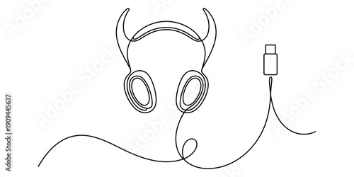 Continuous line drawing of headphones with devil horns and a usb-c connector cable