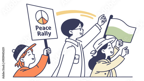 Illustration of people participating in a peace rally with signs and flags.