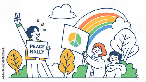 Illustration of people participating in a peaceful rally with rainbow symbolizing diversity and harmony.