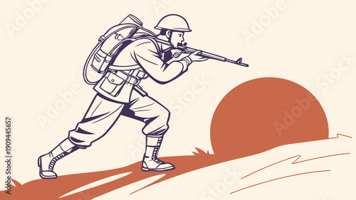Soldier in combat stance with rifle and backpack.