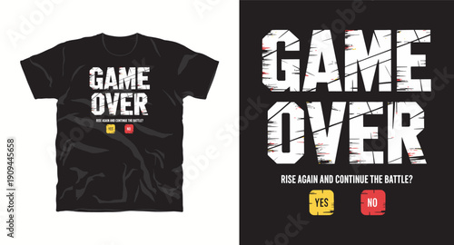 Game over rise again and continue the battle retro gaming typography tshirt design for gamers