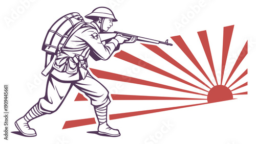 Soldier in combat stance firing rifle with rising sun symbol.