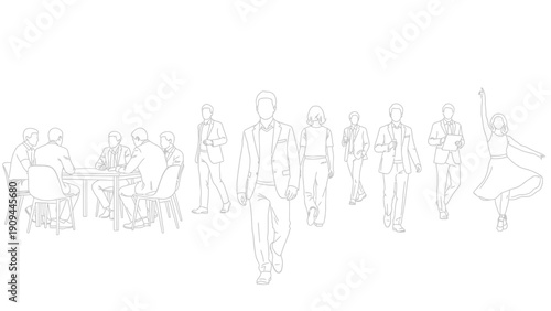 business people walking, meeting, dancing, white background
