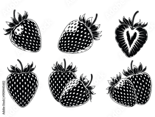 Summer strawberries silhouettes stencil set shown as vector graphics ideal for fruit themed decoration packaging branding and seasonal graphic design