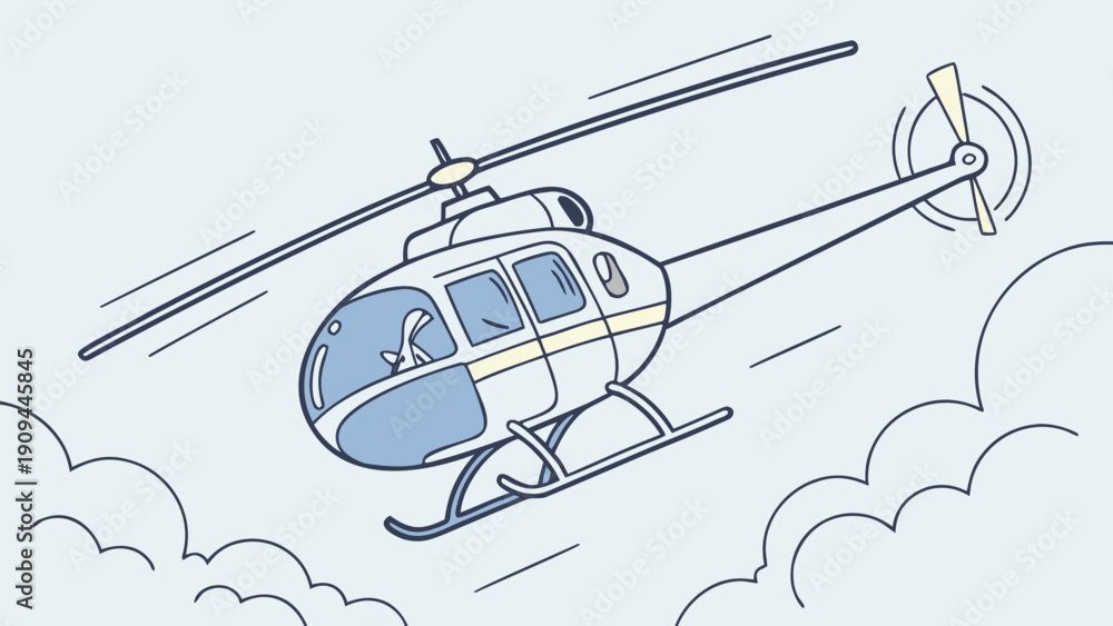 Fototapeta premium Simple line drawing of a helicopter flying through the clouds.