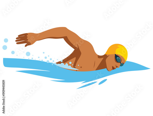 Swimmer in action wearing goggles and swimming cap cartoon vector capturing dynamic movement water splashes athleticism sports fitness swimming concept illustration