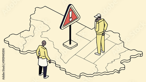 Two men standing on a map with a warning sign.
