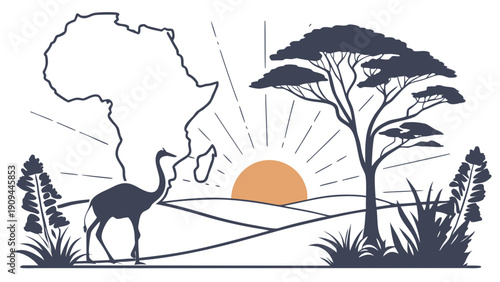 African savannah landscape with ostrich and acacia tree at sunrise.