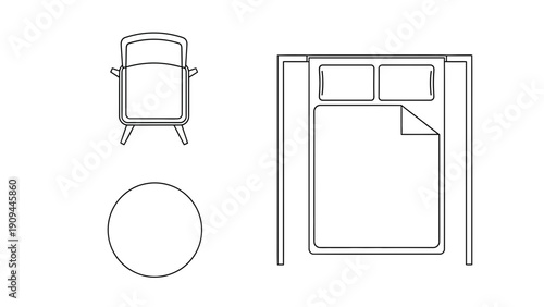 Bedroom furniture layout plan, bed, armchair, and round table